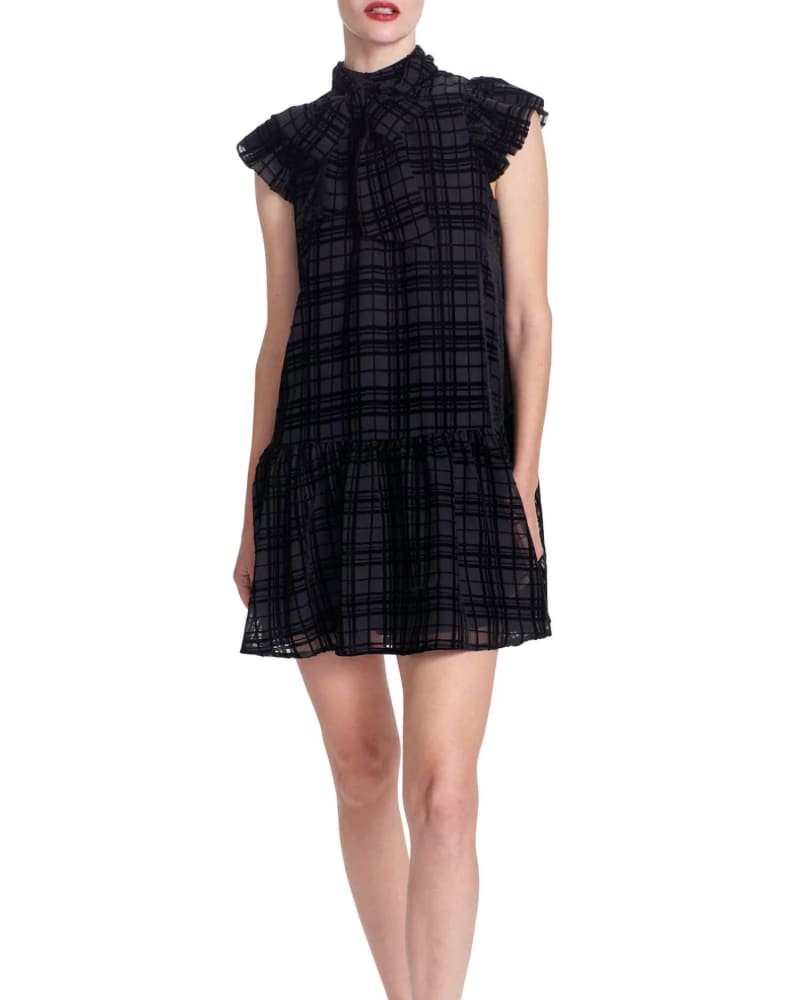 Front of a model wearing a size XL Roanne Mini Dress in Black Plaid Velvet in Black Plaid Velvet by COREY LYNN CALTER. | dia_product_style_image_id:345609